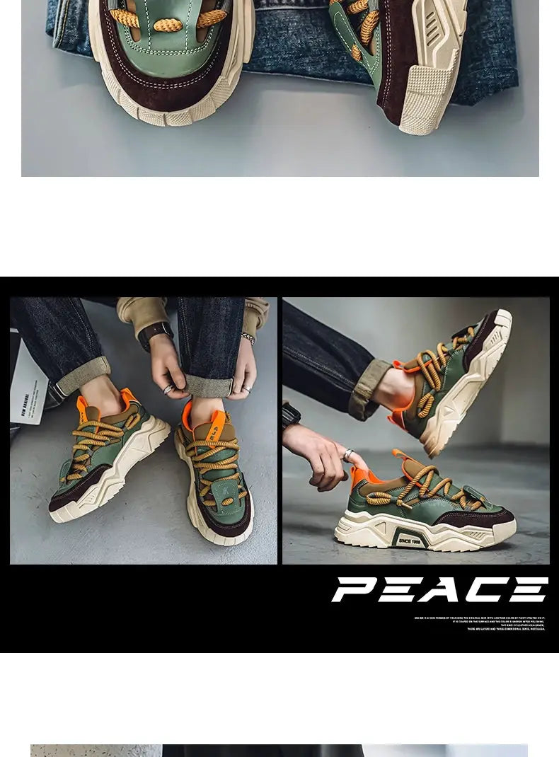 Men's casual sneakers by Simples Market green and brown low-top skateboard shoes with orange laces