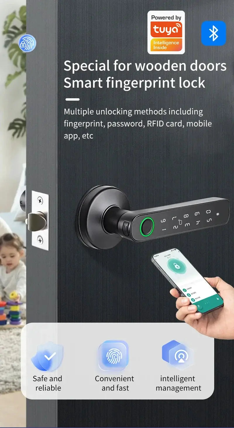 Simples Market smart fingerprint door lock in black finish with Tuya app, Bluetooth and NFC for wooden doors IP65
