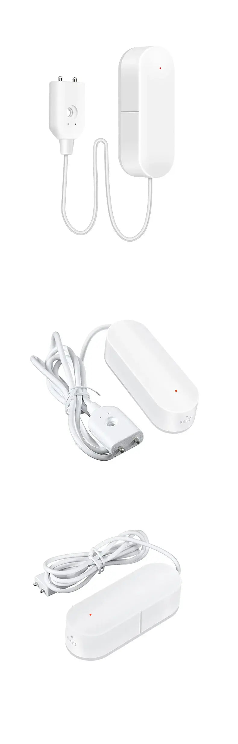 Water leak detector kit, 3-piece with Zigbee gateway; white sensor, hub, and power cables (Simples Market)