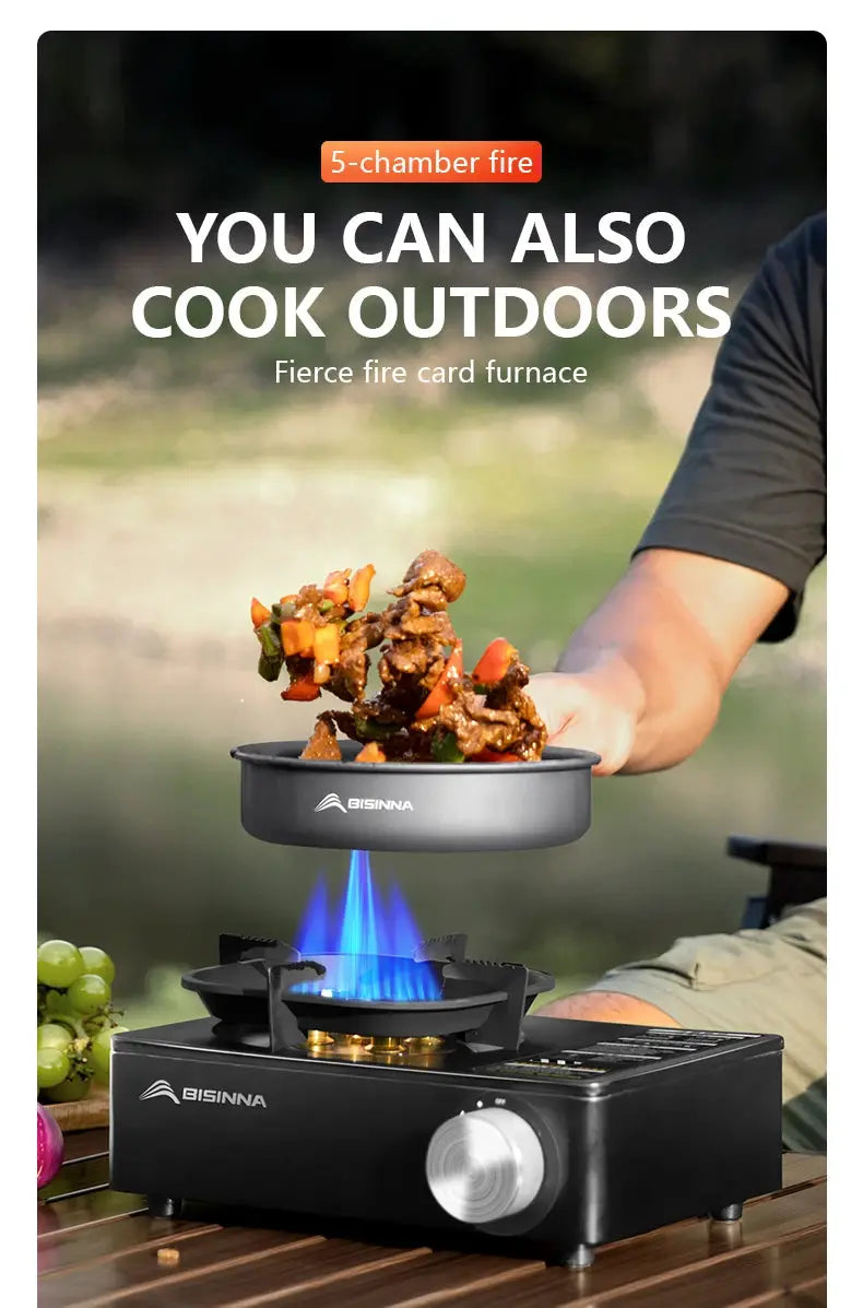 BISINNA camping gas stove with grey pan, black outdoor burner, 5800W high-fire power