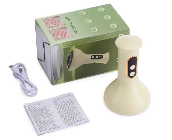 Simples Market USB rechargeable abdominal massager handheld in beige with USB cable and user manual.