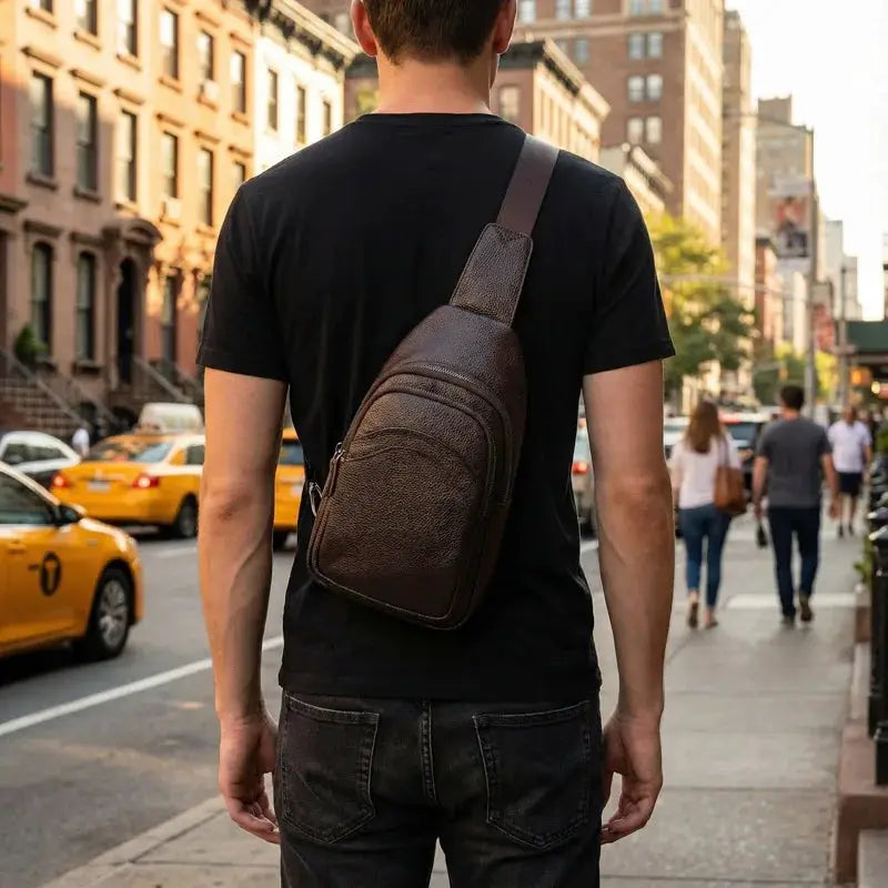 Simples Market luxury men's chest bag - genuine top-grain brown leather, crossbody with large capacity.
