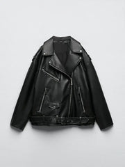 Ailegogo Women Loose Motorcycle Biker PU Faux Leather Jacket With Detachable Belt For Adjustable Fit
