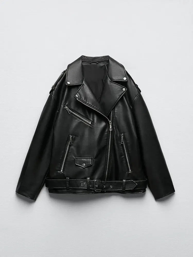Ailegogo Women Loose Motorcycle Biker PU Faux Leather Jacket With Detachable Belt For Adjustable Fit