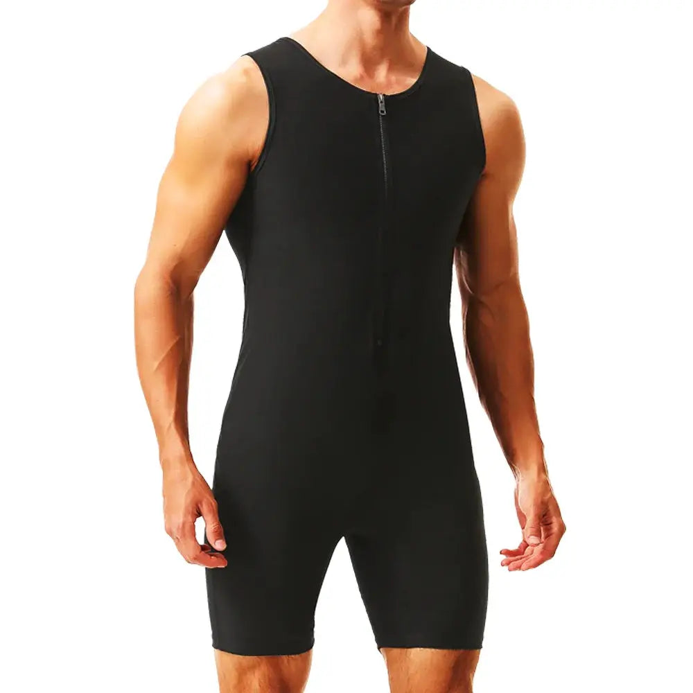 Simples Market black men's sauna jumpsuit with front zipper, sleeveless body shaper for fitness