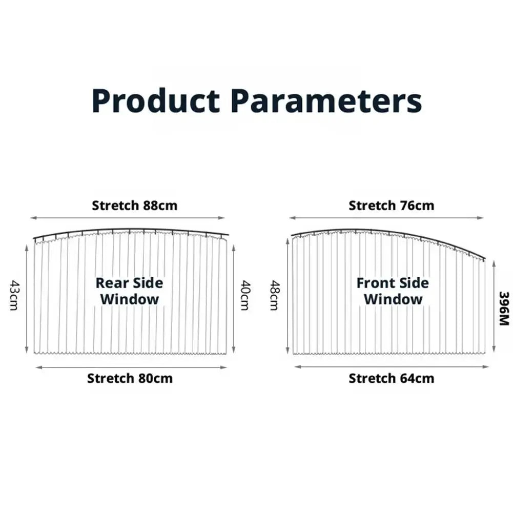 Simples Market car side window sun shade diagram; rear 88x43 cm and front 76x39 cm, two shades for sedan/SUV