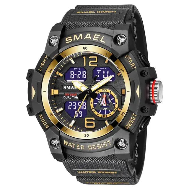 SMAEL men's sport wristwatch with black case and gold bezel, LED digital displays, dual time, water resistant