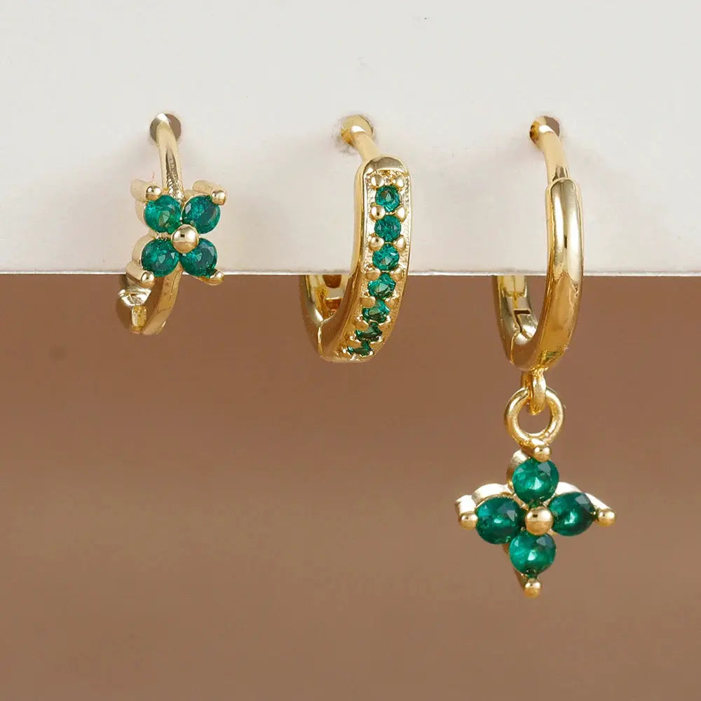 3Pcs Trendy Stainless Steel Flower Drop Earrings Set For Women Crystal Zirconia Dangle Hypoallergenic Piercing Jewelry
