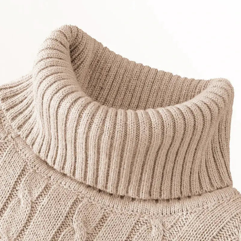 Outdoor men's long-sleeve chunky-knit turtleneck sweater in beige.