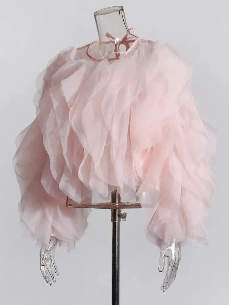 Twotwinstyle Elegant Patchwork Ruffles Chiffon Blouse O Neck Lantern
