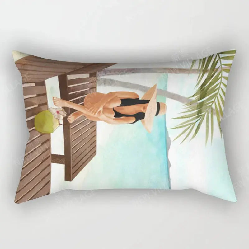 Throw pillow cover featuring a poolside painting of a woman in a black swimsuit with a wide-brim hat beside palm leaves.