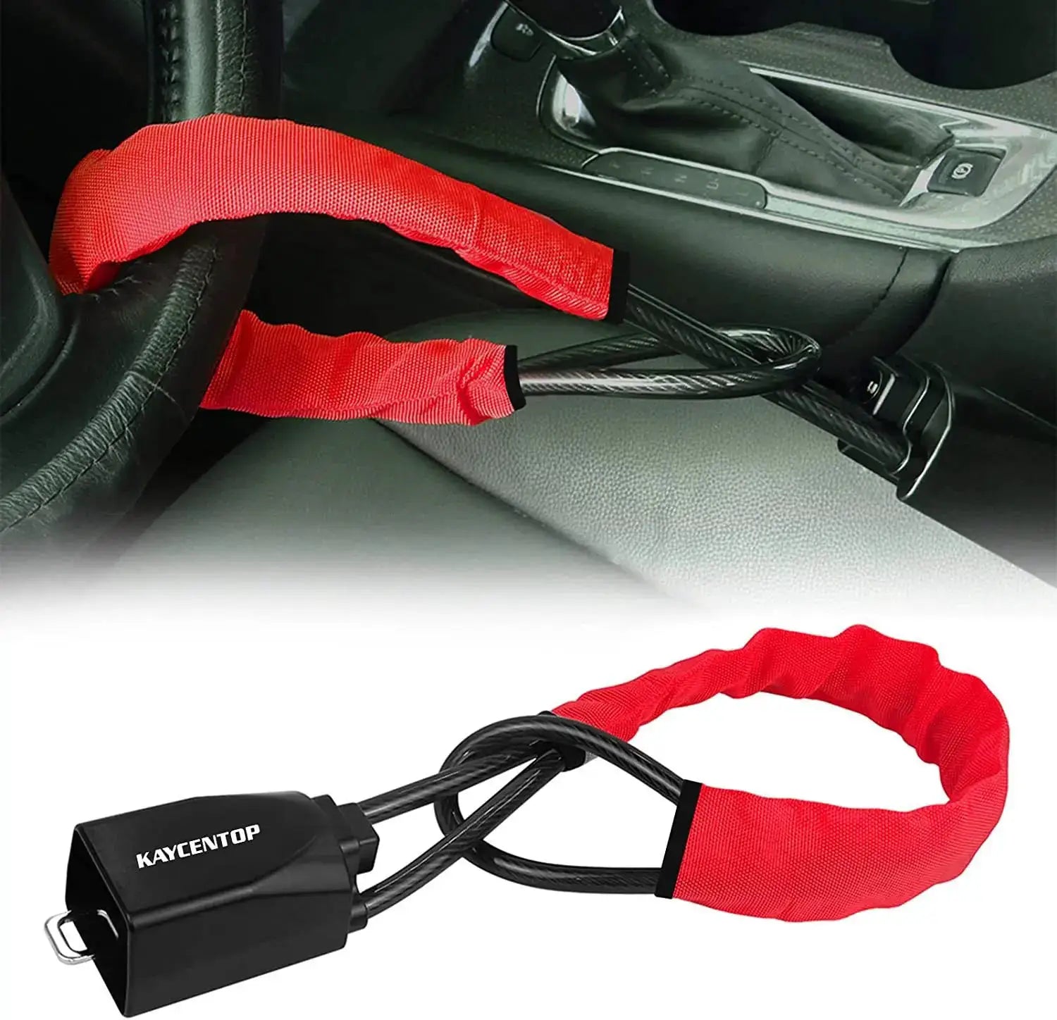 Car steering wheel lock with red fabric cover, black steel locking bar, Kaycentop, includes 2 keys
