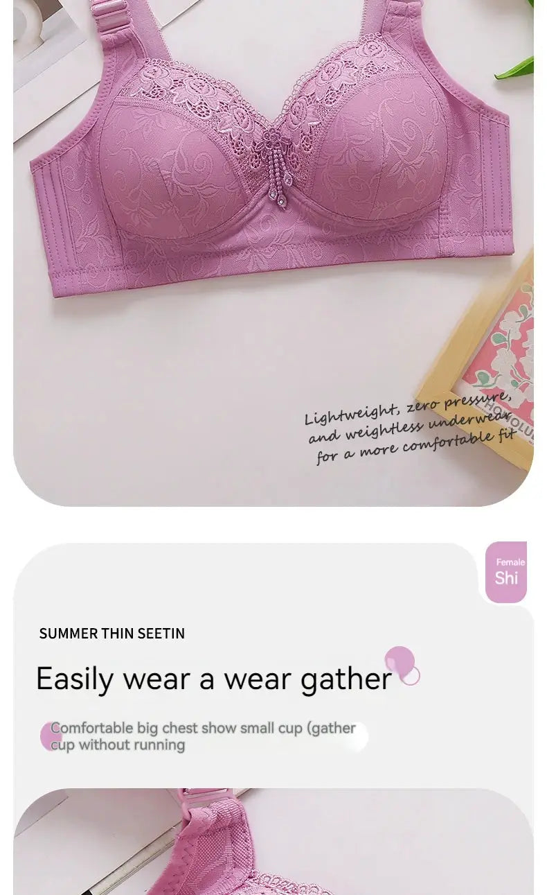 Womens lilac lace bra with floral pattern, deep V center and adjustable straps, Simples Market