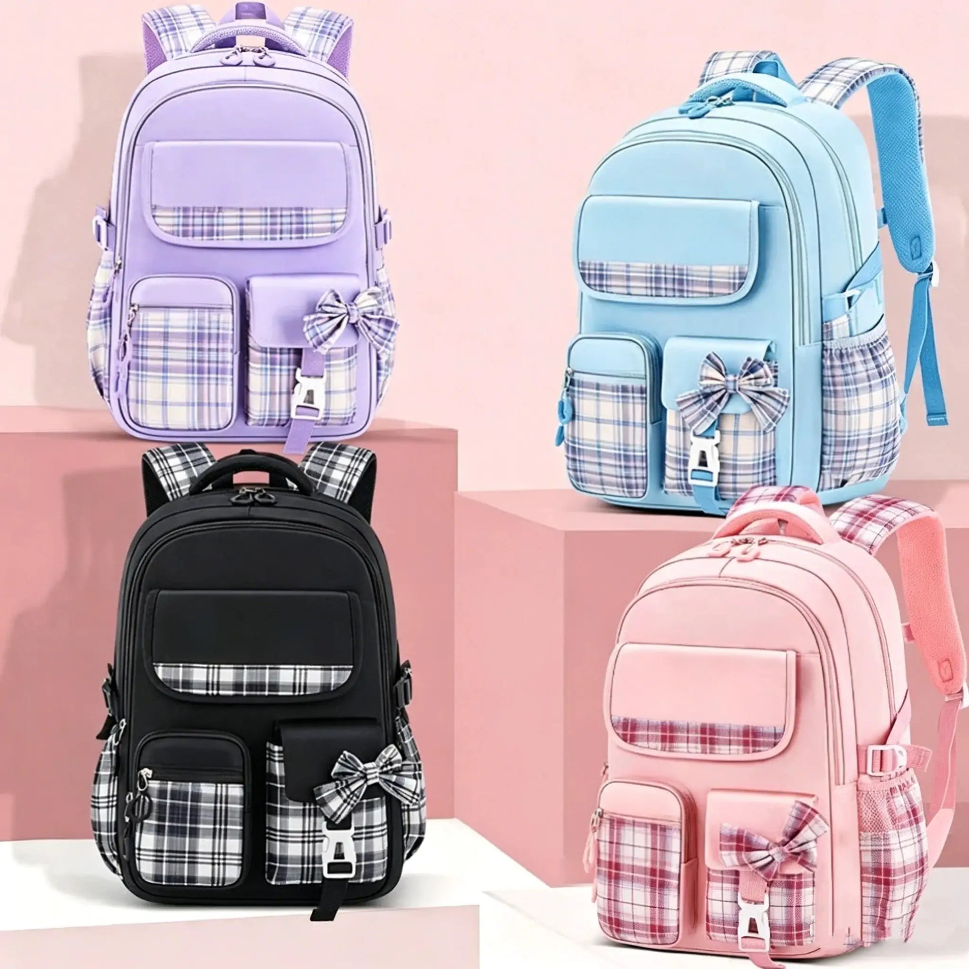 Protecting The Spine Ergonomics Elementary School Girls Checkered Backpack by Simples Market; set of 4 in lavender, blue, black, pink