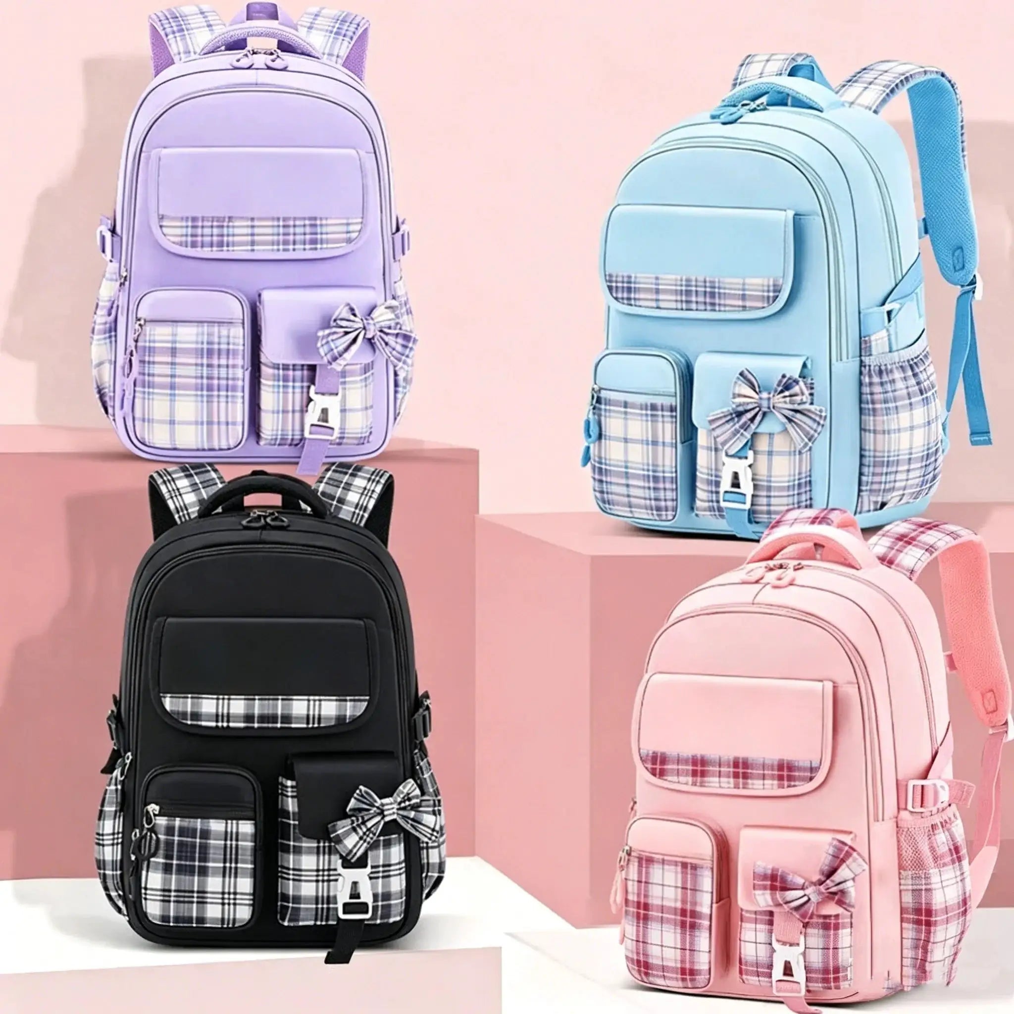 Protecting The Spine Ergonomics Elementary School Girls Checkered Backpack by Simples Market; set of 4 in lavender, blue, black, pink