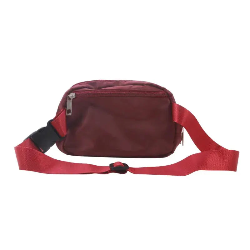 Simples Market 2024 women waist bag, burgundy pouch with red adjustable strap.