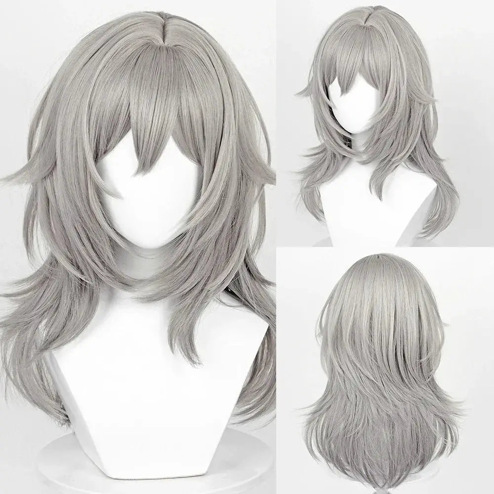 Honkai Star Rail Trailblazer Caelus Stelle cosplay wig, gray synthetic long hair with bangs
