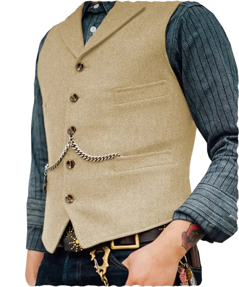 Simples Market wool tweed men's vest waistcoat, beige, with chain over blue textured shirt