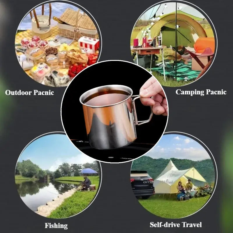 Stainless steel camping cup by Simples Market with foldable handle, 250–700ml capacity for camping and travel.