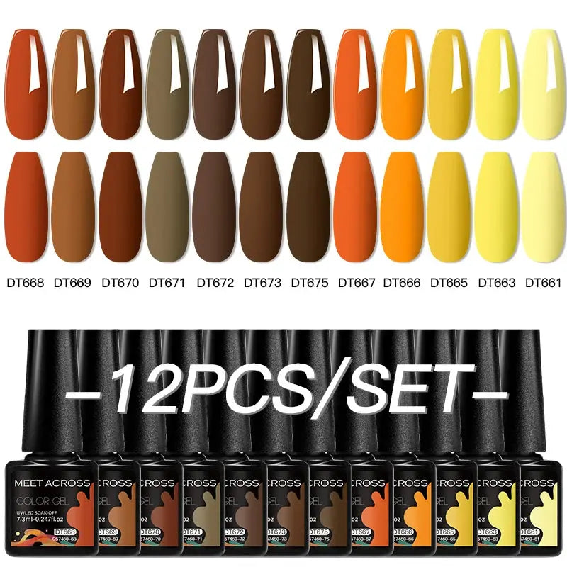 Meet Across 12-piece gel nail polish set; semi-permanent varnish in assorted colors