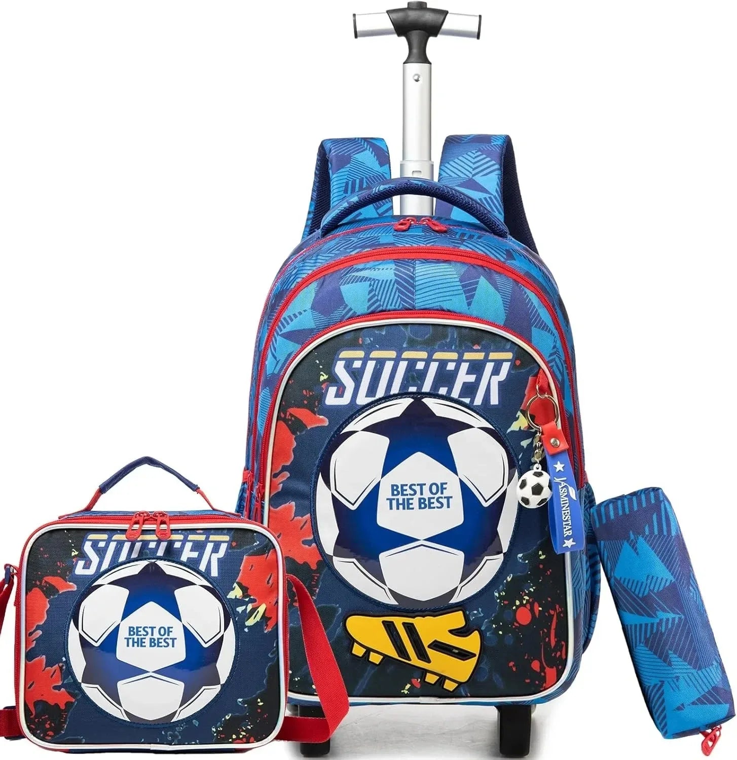 Two-piece children's wheeled backpack set in blue soccer-print fabric with red zippers and a matching lunch bag