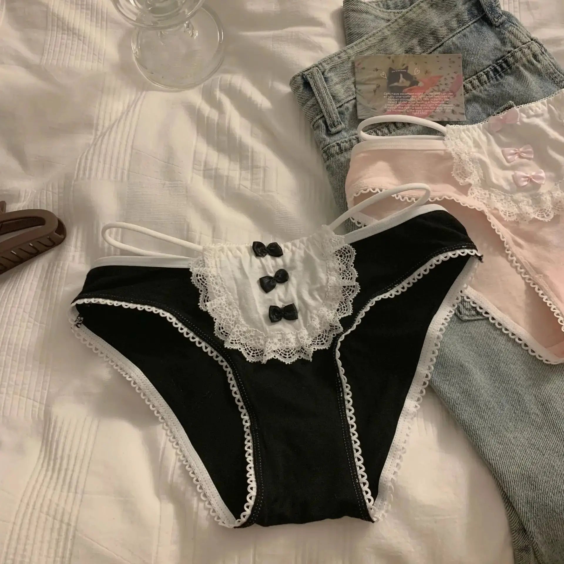 SP&CITY Lolita Sweet Bow lace underwear for women, black with white lace trim and bow accents by Simples Market