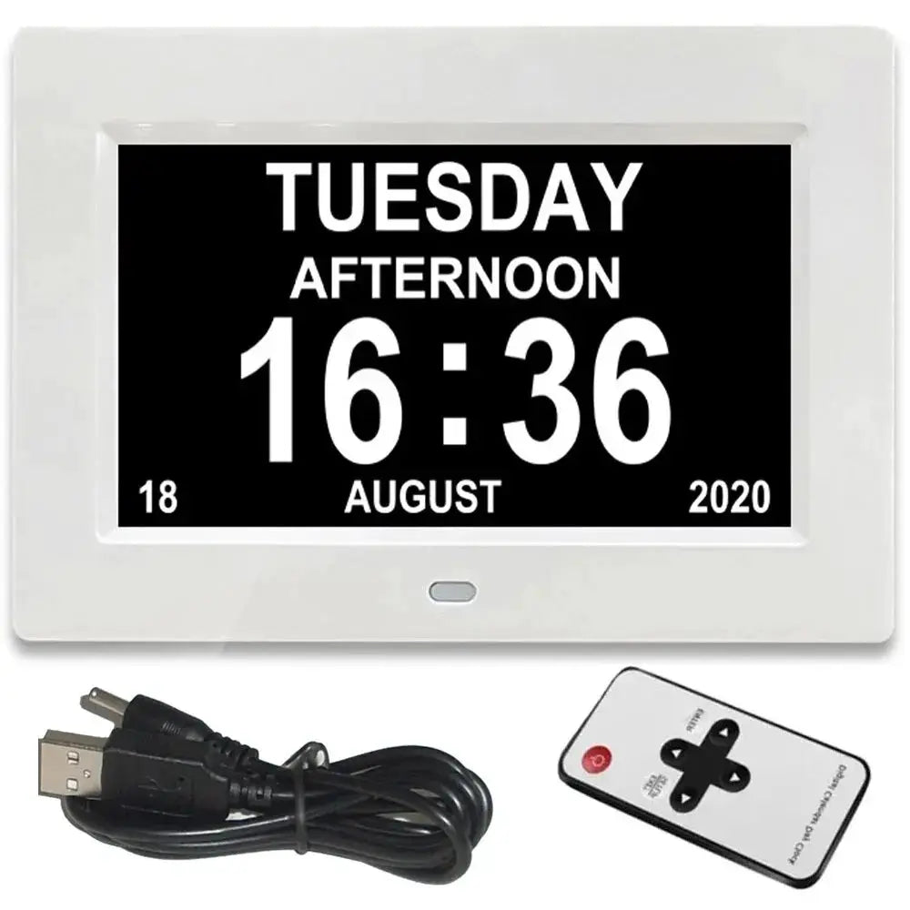 Simples Market white LED calendar clock with 12 alarms, remote control, and USB cable
