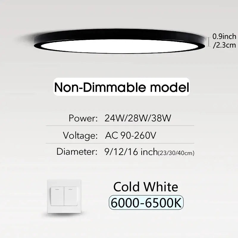 MARPOU ultra-thin round LED ceiling light and wall switch, cold white 6000–6500K, non-dimmable, 24/28/38W