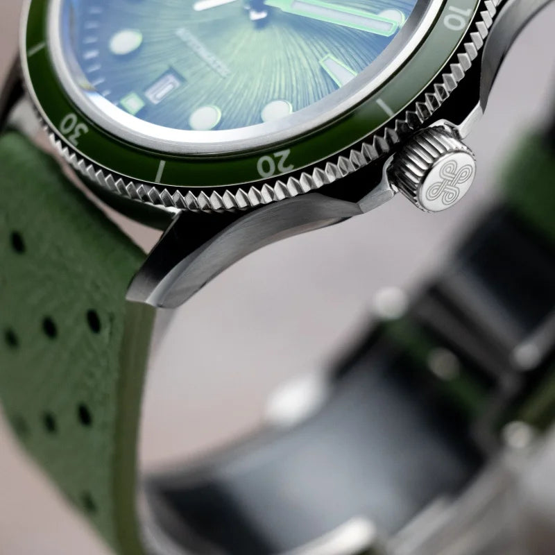 Proxima 2025 dive watch, 39mm, automatic mechanical, full luminous dial, green bezel, green strap, WR 100m