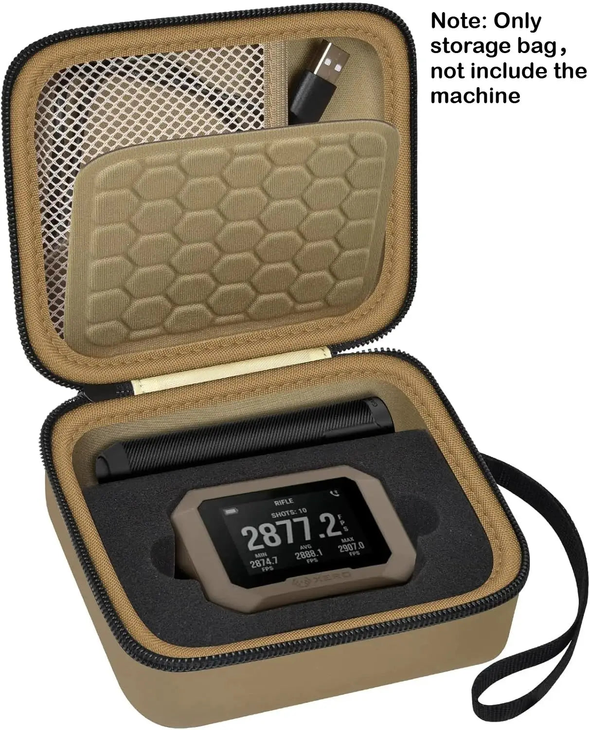 Storage bag for Garmin Xero C1/C2 Chronograph, tan zippered case with interior mesh pocket.