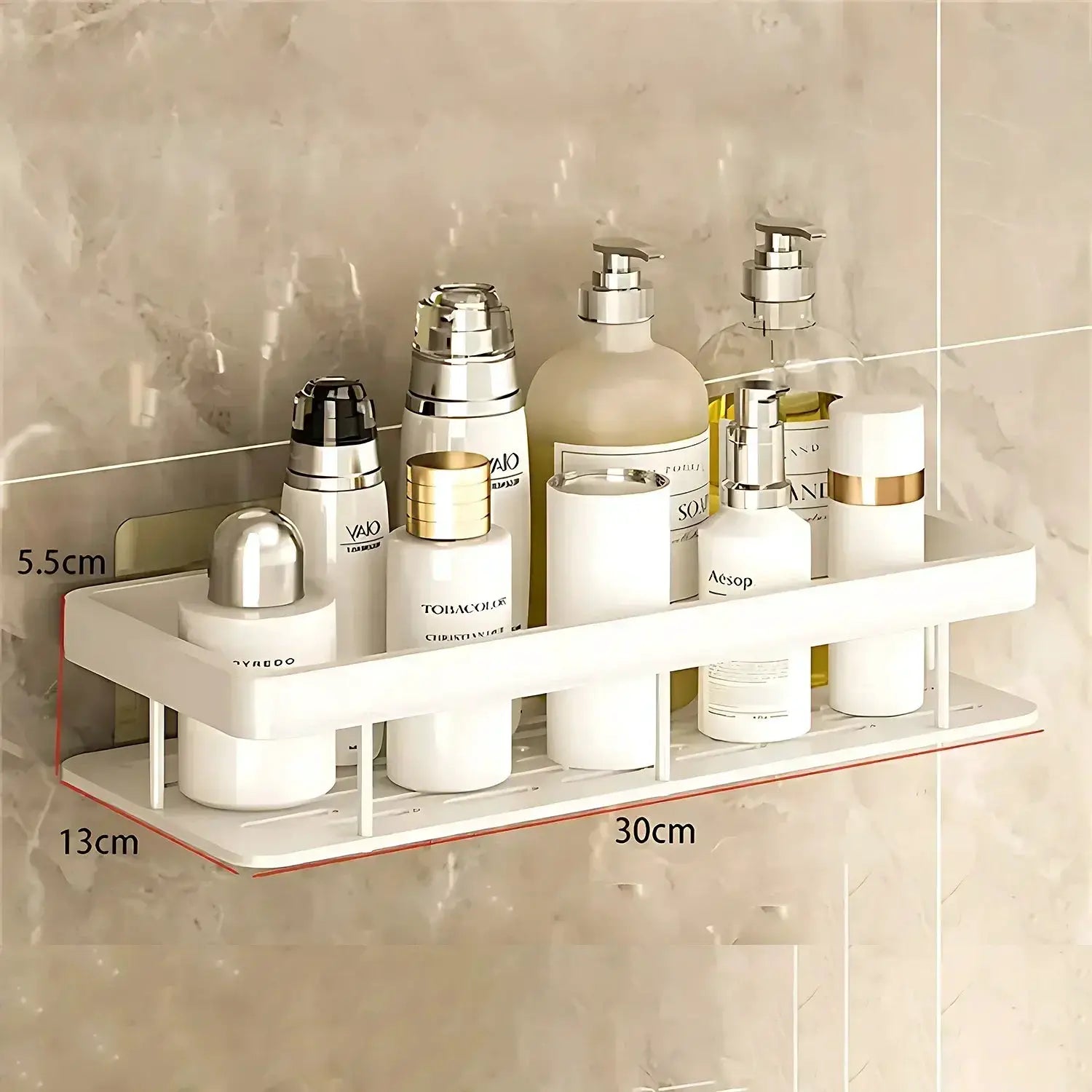 Simples Market bathroom shelf organizer, white aluminum alloy shower rack with no-drill mount, 30cm wide