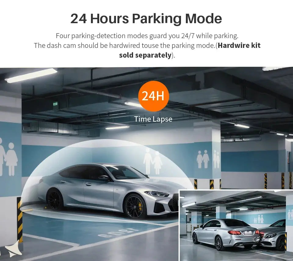 KAWA MINI 3 Gen2 dash cam by Simples Market; silver car in a parking garage with 24H parking mode