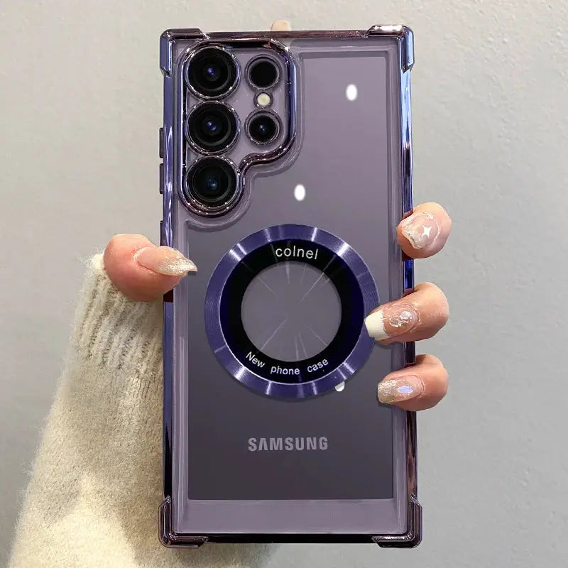 Simples Market magnetic wireless charging case for Samsung; purple frame with clear lens protection and back ring