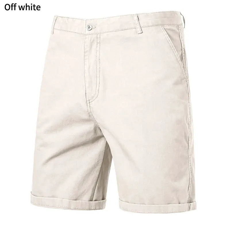 Men's off-white flat-front shorts, lightweight quick-dry fabric with 4 pockets