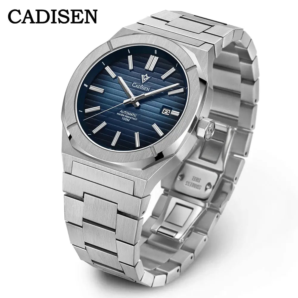 CADISEN stainless steel diver watch with blue dial, date window, automatic movement