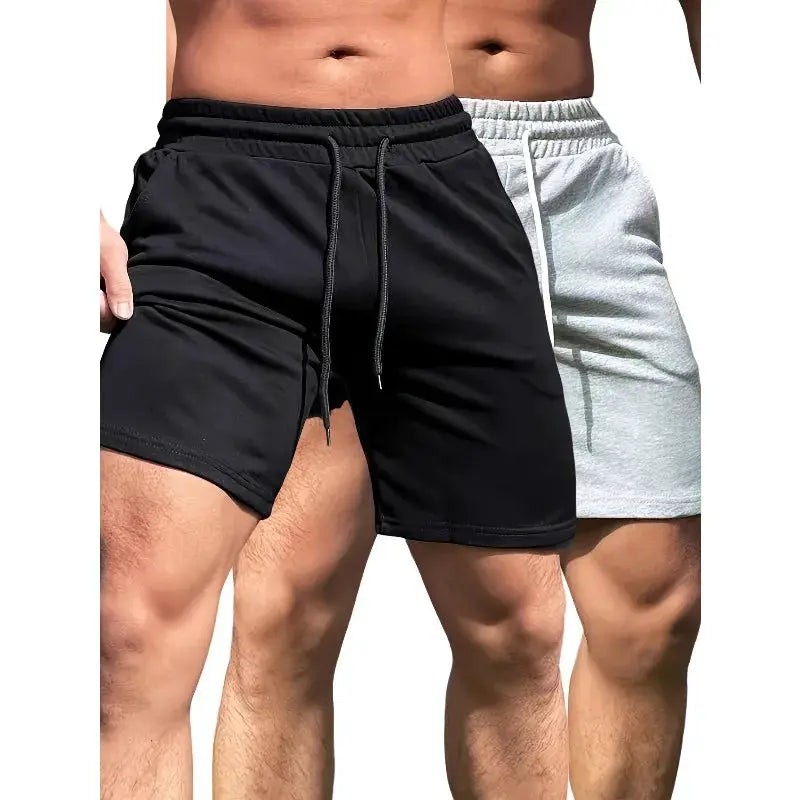 Men's cotton shorts with drawstring, two pairs shown in black and gray for casual fitness