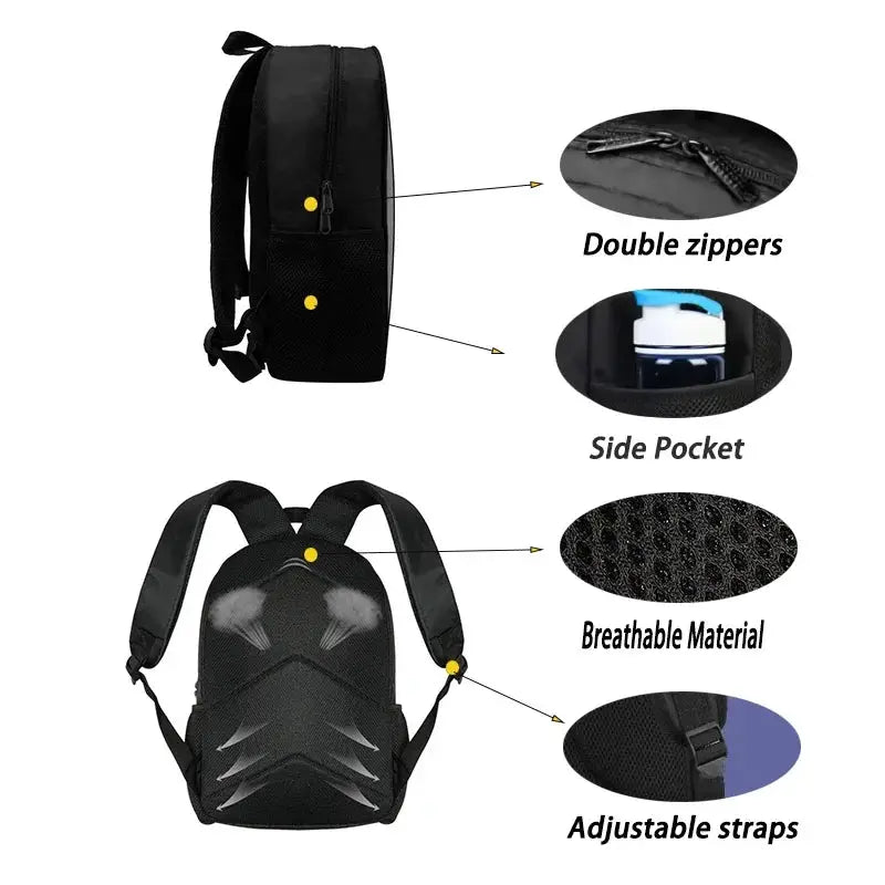 CR7 Ronaldo kids' school backpack in black with double zippers, side pocket, breathable material, and adjustable straps