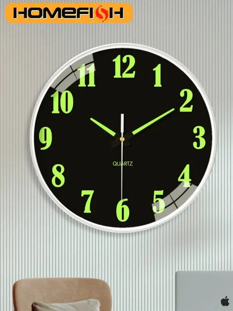 8 Inch Luminous Wall Clock Simples Market, black dial with bright green numerals and white frame