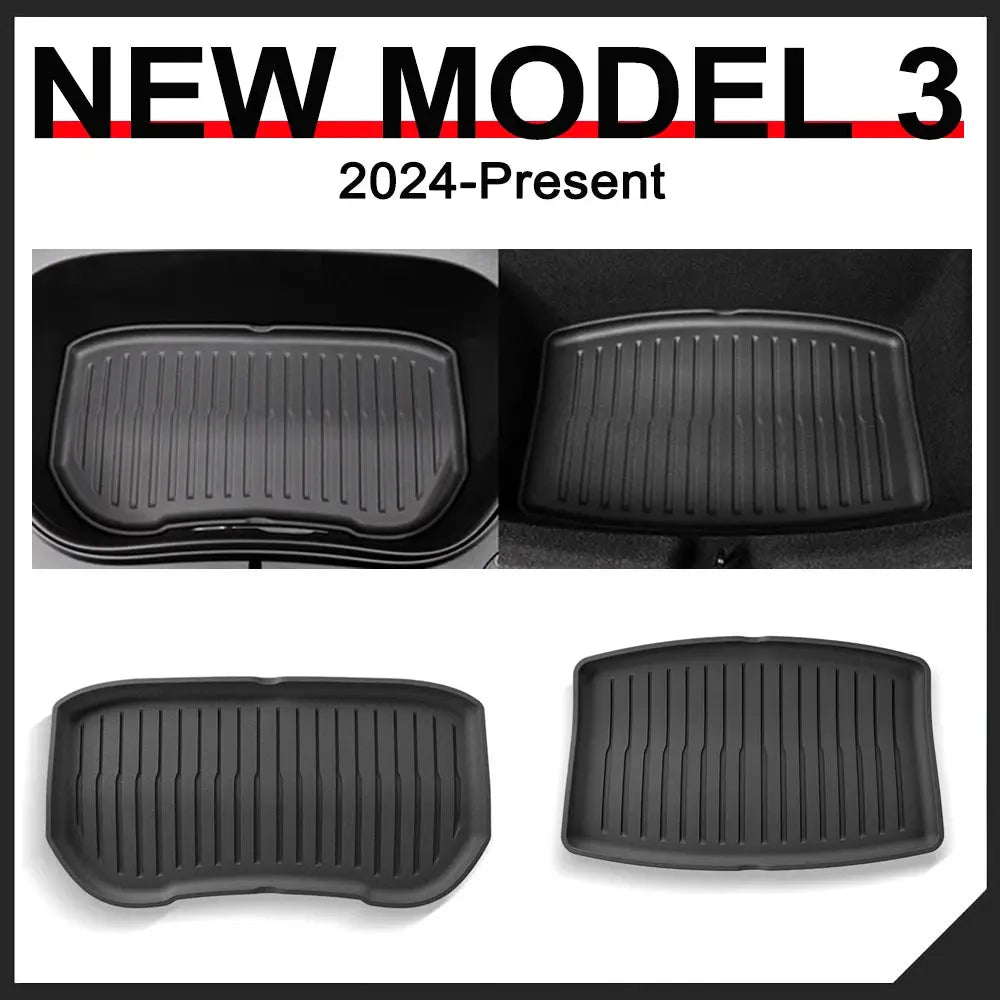 Tesla Model 3 trunk mat set by Simples Market, black TPE, 4-piece front, rear and cargo mats
