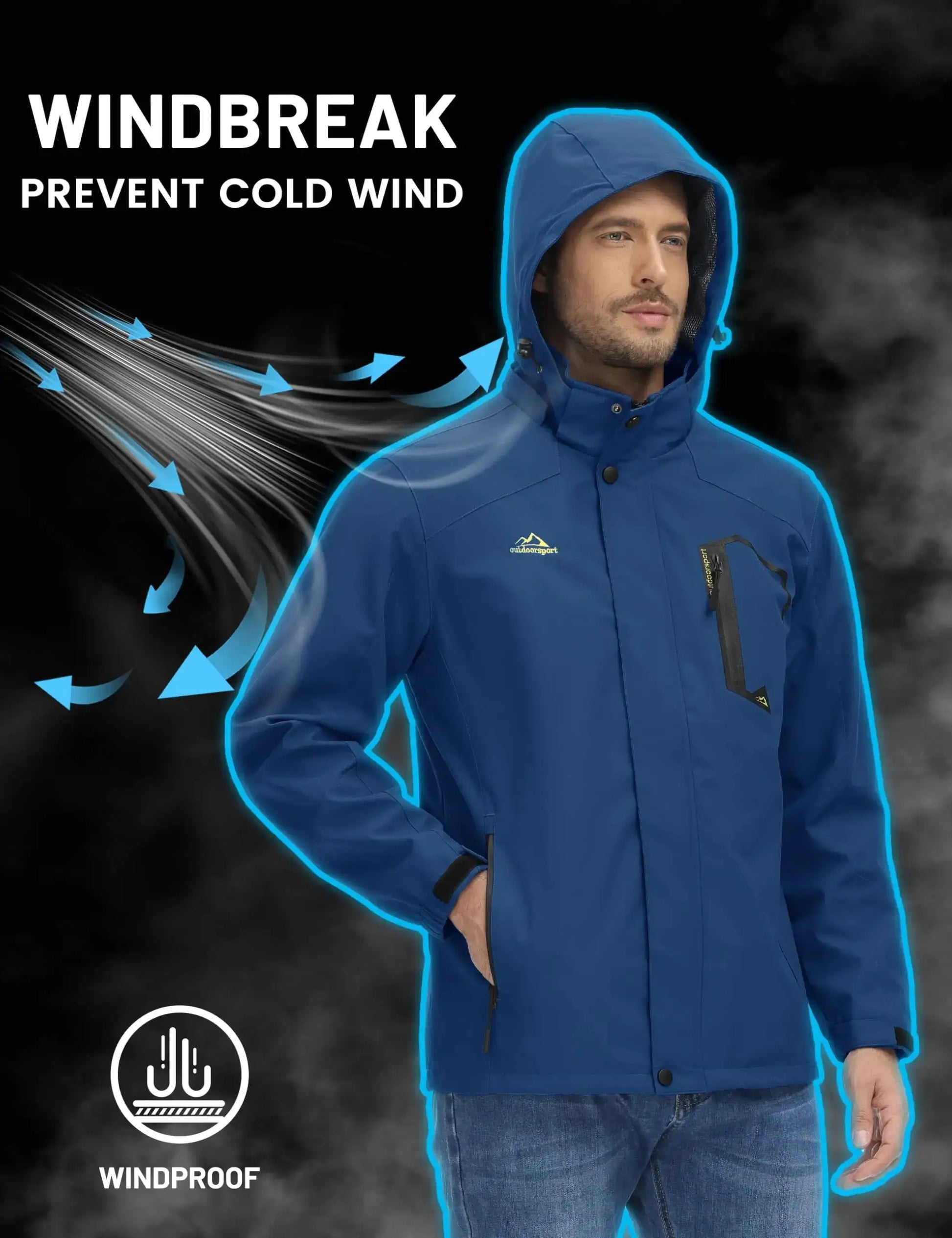 TACVASEN men's windproof blue waterproof rain jacket with mesh lining and hood by Simples Market