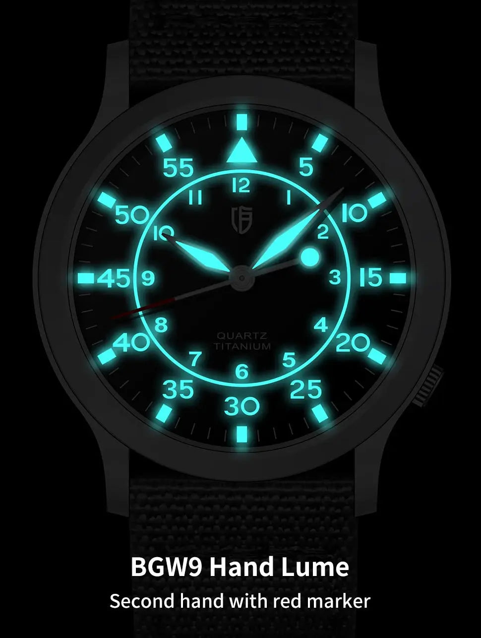 BERNY titanium watch for men with luminous cyan dial and black strap