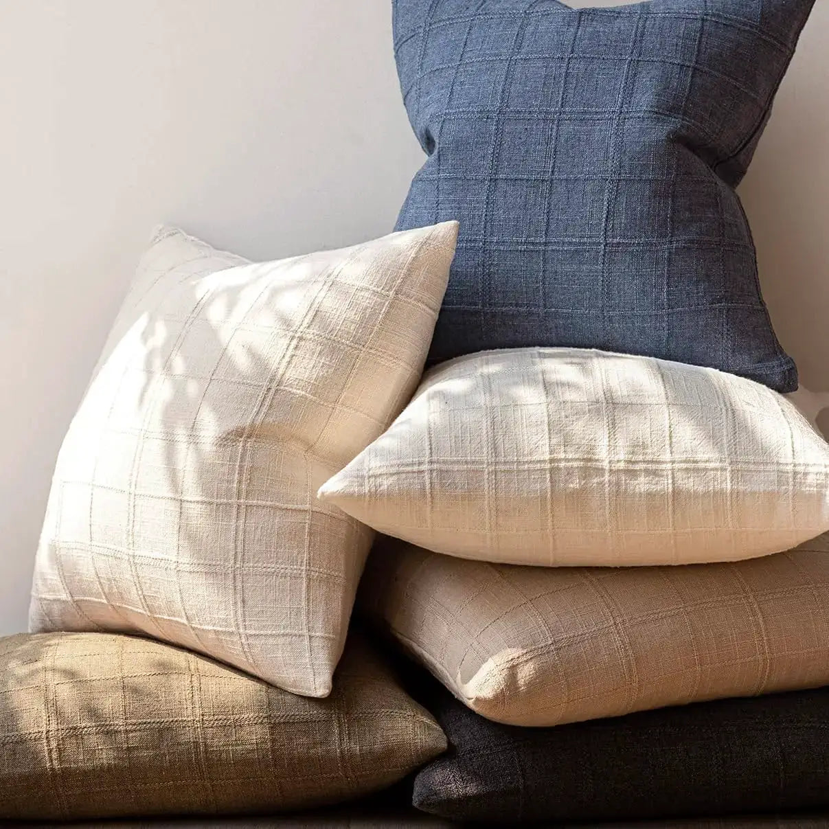 Linen square cushion covers in plaid pattern, neutral tones for farmhouse sofa decor — set of 5