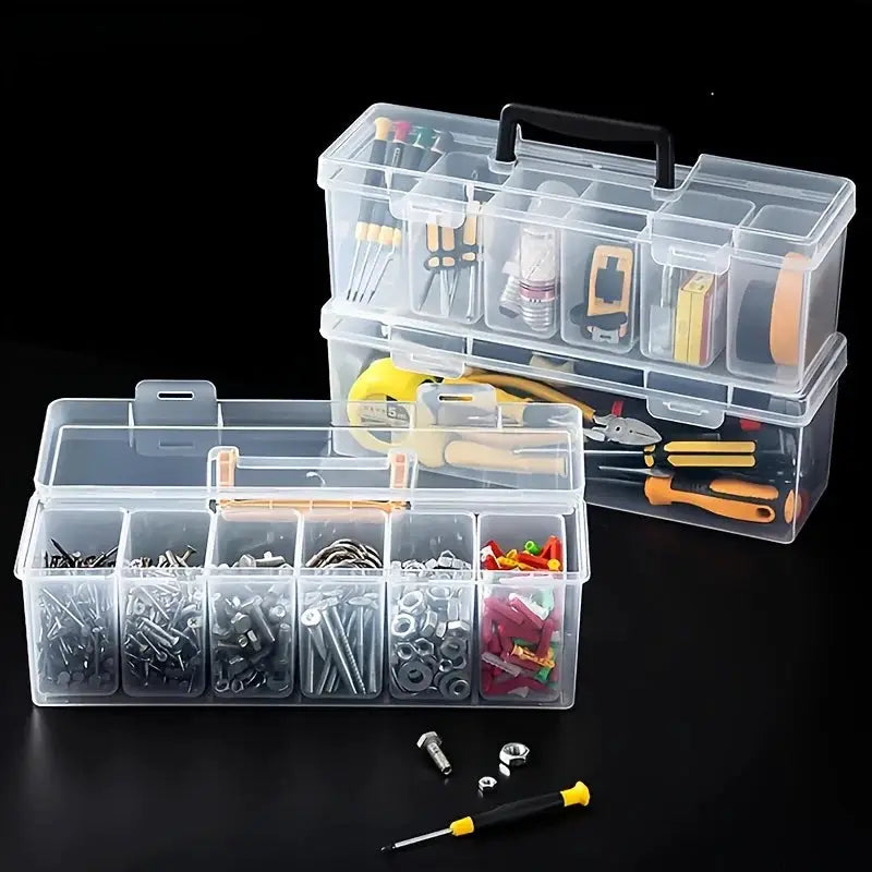 Professional 7-Piece Tool Organizer Set in clear cases with dividers; 3 boxes filled with screws and hardware