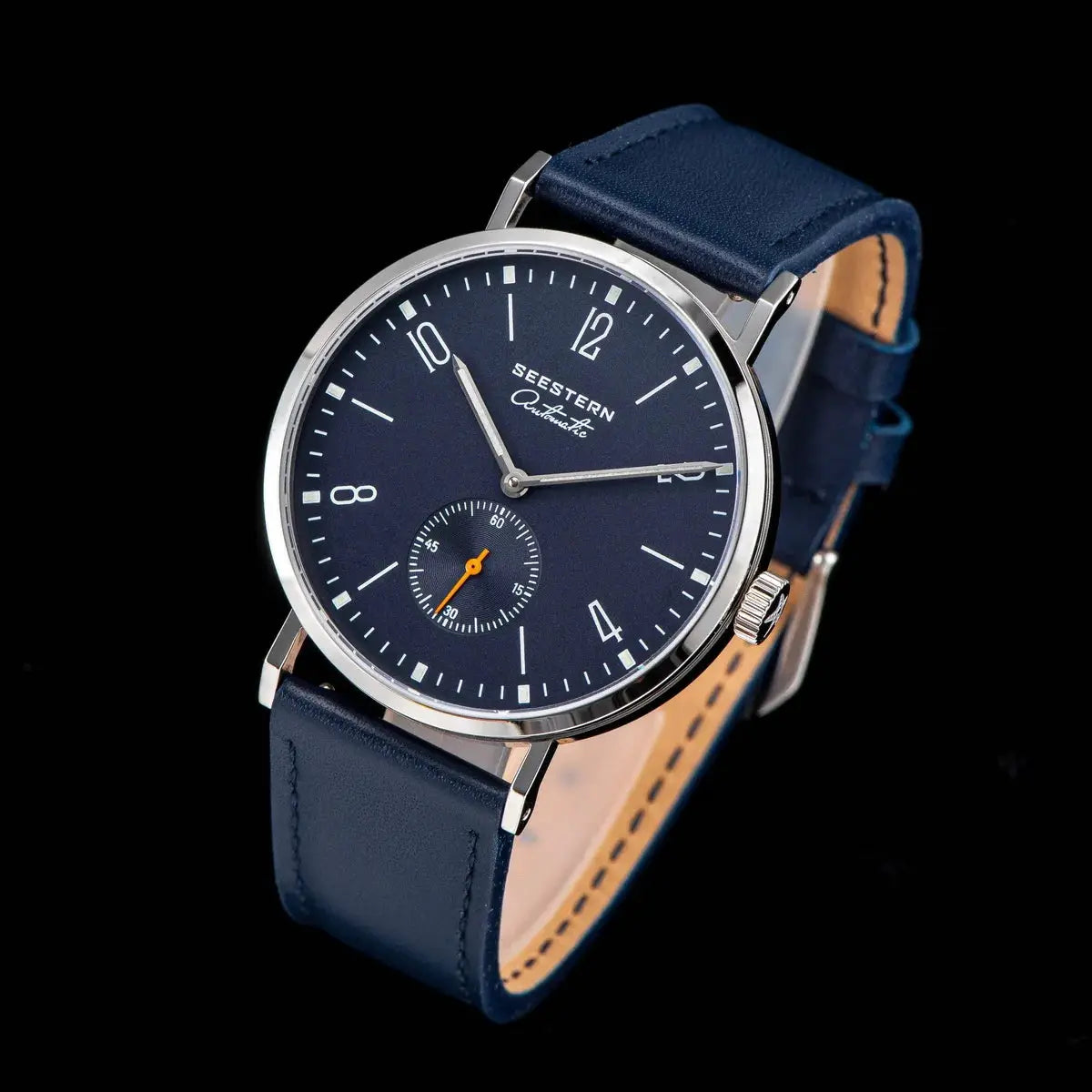 SEESTERN men's automatic watch with blue dial and blue leather strap, slim stainless steel case