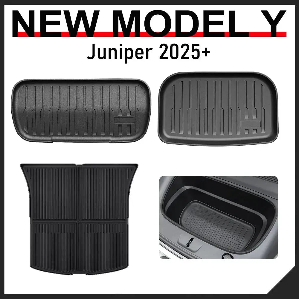 Simples Market black rubber front, rear, and trunk mats for 2025–2026 Tesla Model Y.