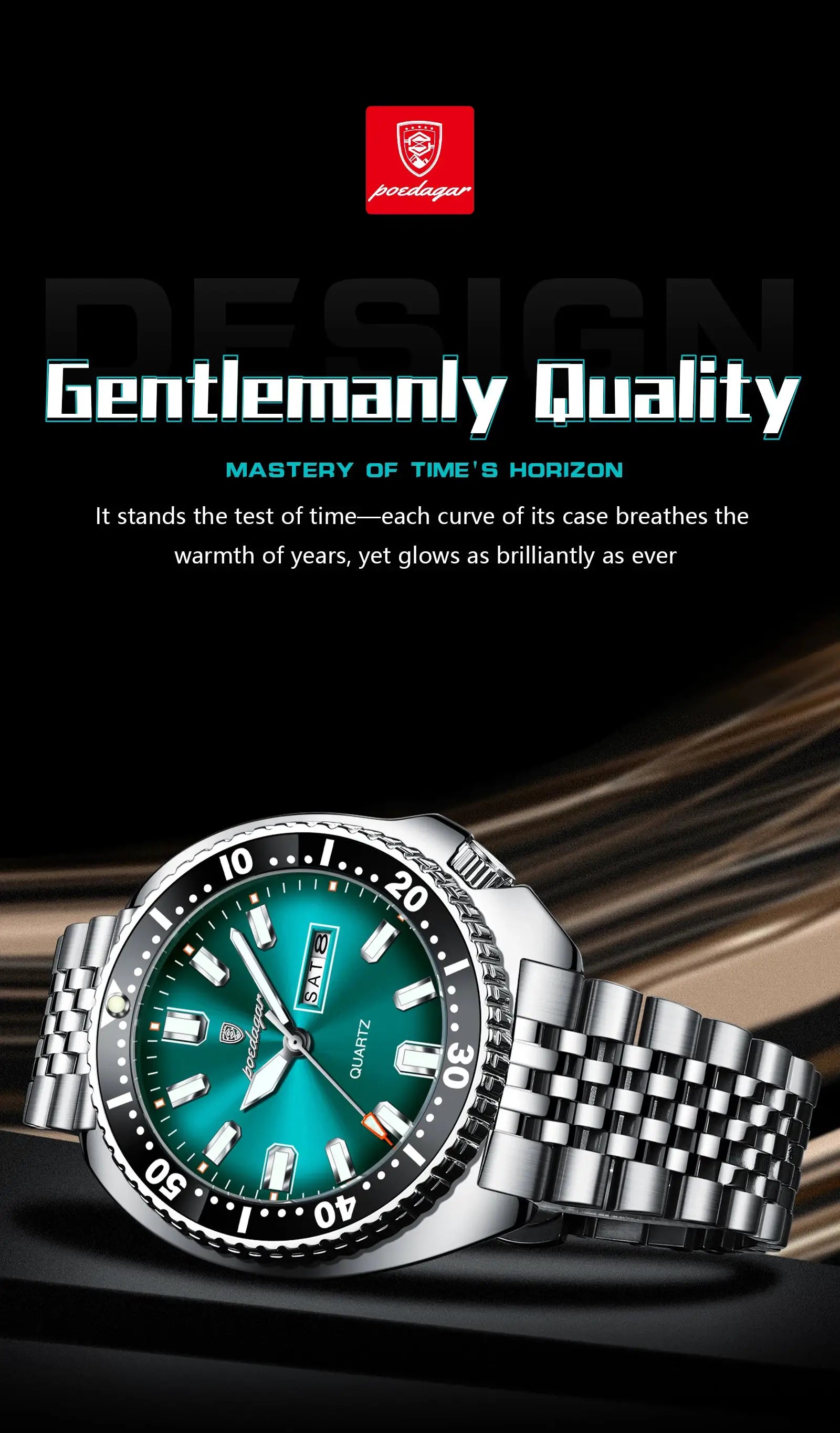 POEDAGAR stainless steel men's wristwatch with turquoise dial and luminous markers