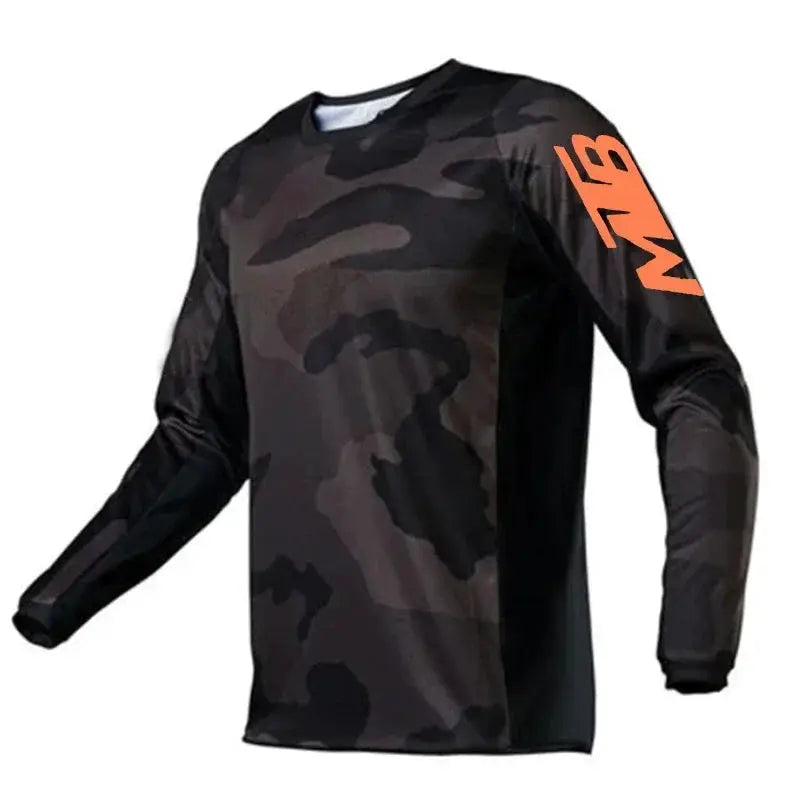 MTB motocross jersey, long-sleeve camo design with orange MTB graphic on the sleeve.