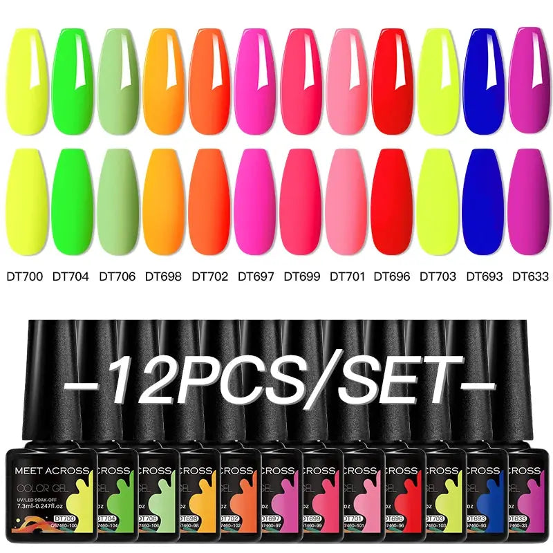Gel nail polish set MEET ACROSS 12-piece with neon colors, pink glitter, blue macaron shade by Simples Market