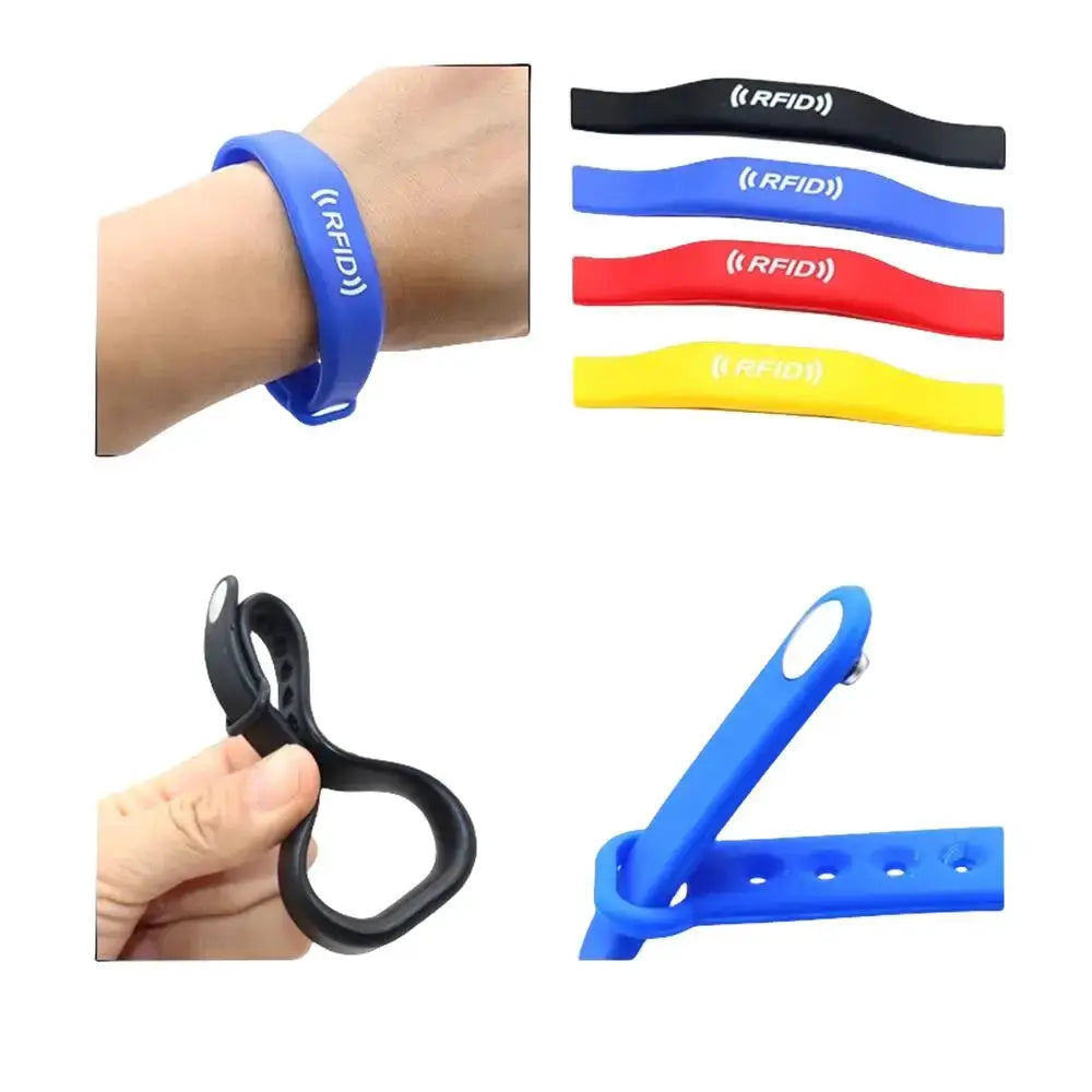 RFID keyfob cloning kit: blue silicone wristband, color bands (black/blue/red/yellow), black ring tool, blue strap.
