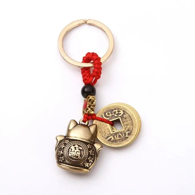 Vintage Handmade Lucky Cat Keychain With Five Emperors Coins Feng Shui Copper Alloy Gold Tone
